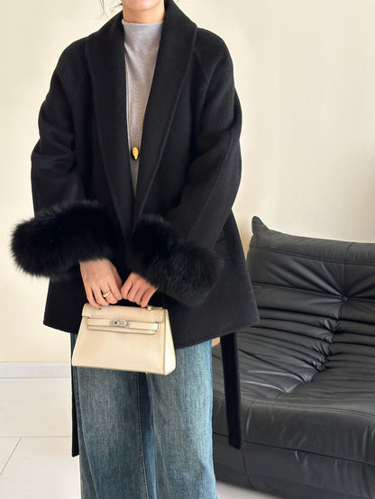 2025 Fox fur shoulder sleeves lapel cuffs removable double-sided wool coat medium and long lace-up woolen jacket autumn and winter