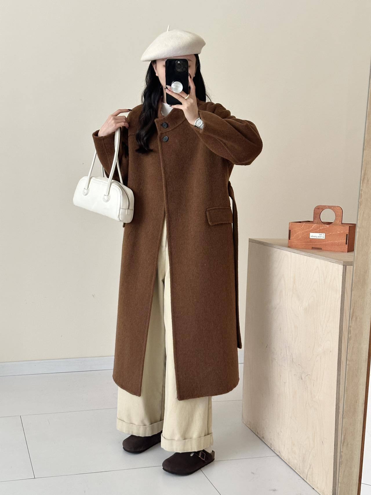 2025 Solid color stand-up collar extended strap-up high-end double-sided woolen cashmere coat women's wool woolen coat to keep warm in autumn and winter
