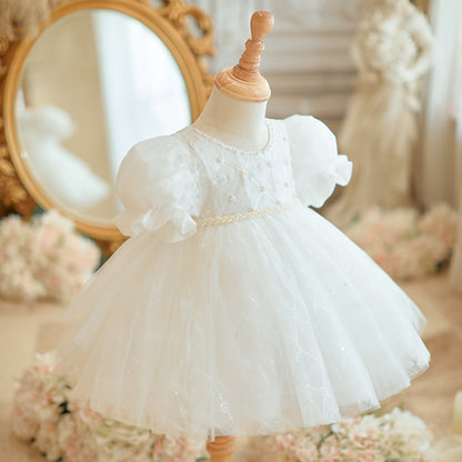 flowersverse One Year Old Celebration Dress Baby Girl High-End Girl Zhuazhou White Princess Dress Little Girl Birthday Host Dress Summer