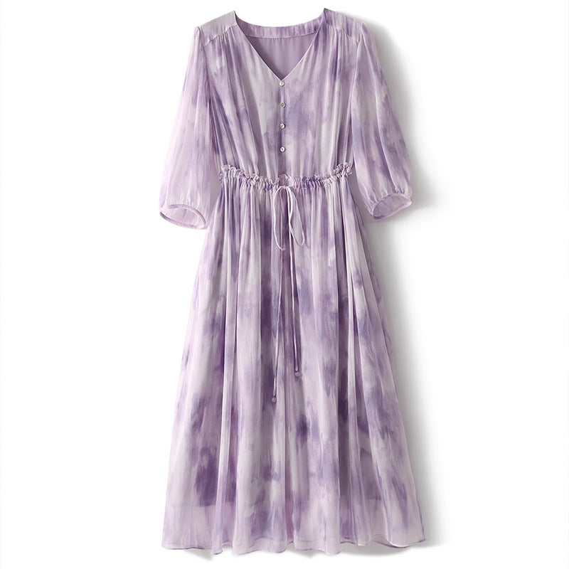 2025 Xiaoxian purple dress, smudge gradual change purple 100% mulberry silk waist printing dress  summer new women's clothing