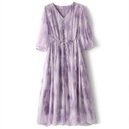 2025 Xiaoxian purple dress, smudge gradual change purple 100% mulberry silk waist printing dress  summer new women's clothing