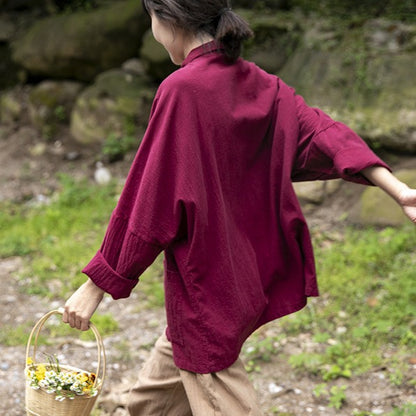 Shan Qian Nianyi 2021 Spring and Autumn Cotton and Linen Long Sleeve Cardigan Shirt Lapel Solid Color Linen Women's Peter Pan Collar Shirt