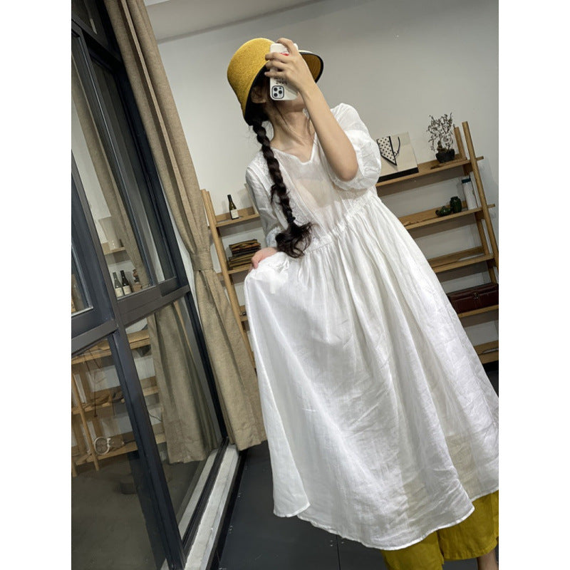 Comfortable and stylish simple seven-quarter-sleeved literary lace-up dress  summer temperament V-neck small fresh dress