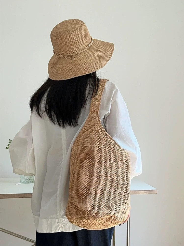 FLOWERSVERSE  Raffia Hand-Woven Bag Ins  Retro One-Shoulder Hand Straw Bag Vacation Beach Bag Women