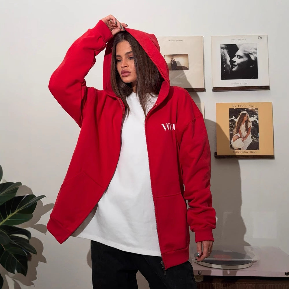 Cross-border    spring new trendy brand loose super large size retro printed sweater jacket women