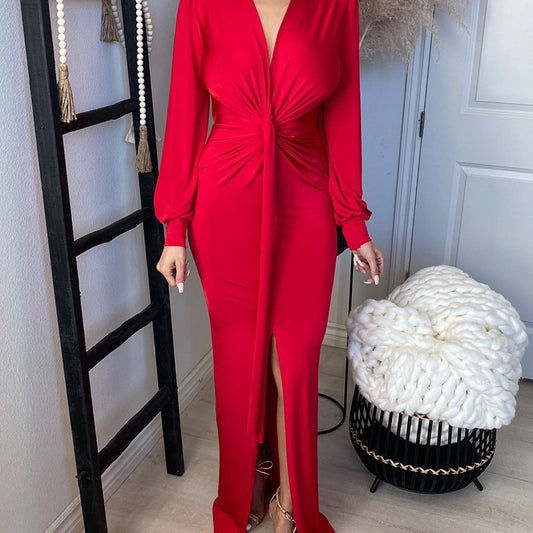 FLOWERSVERSE 2025New spring and summer new sequined slim-fit bubble medium and long dress medium and long red gradual change bubble sleeve dress