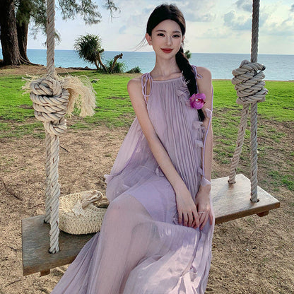 2025 Pure desire flower purple suspender dress seaside vacation long dress summer beach skirt temperament sleeveless fairy skirt