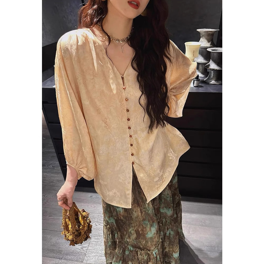 Siyuan Guofeng New Chinese Silk Linen Jacquard Tie-Dyeing Shirt High-end Light Luxury Lantern Sleeve Top Women's 9062