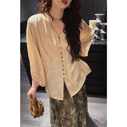 Siyuan Guofeng New Chinese Silk Linen Jacquard Tie-Dyeing Shirt High-end Light Luxury Lantern Sleeve Top Women's 9062