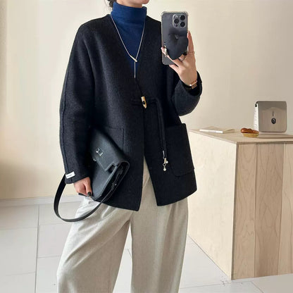 2025 Solid color V-neck lace-up horn buckle, national style double-sided wool woolen jacket, premium women's casual jacket to keep warm in autumn and winter