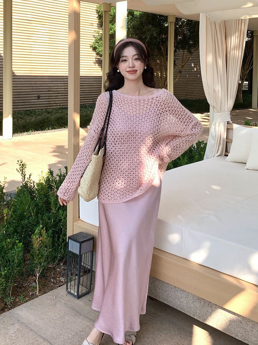 2025 spring loose long-sleeved hollow mohair knitted sweater top oversize sweater 25153