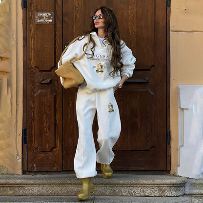 Popularan beautiful women's fashion letter medal embroidered sweater fashion sports and leisure two-piece set women's white simple trousers