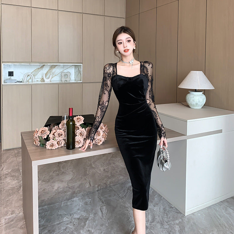 2025 New Year's robe velvet lace dress female autumn and winter socialite sexy hip-wrapped little mother long dress square neck Hepburn skirt