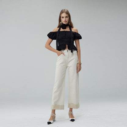 2025 Summer new Xinjiang long-staple cotton micro-elastic anti-wrinkle large-flanged women's clothing denim nine-point wide-leg pants straight-leg pants