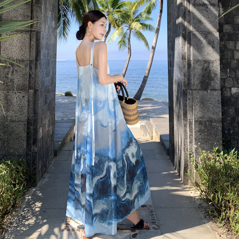 2025 New Chinese retro ink painting smudge suspender dress women's summer Chinese style temperament seaside vacation beach dress
