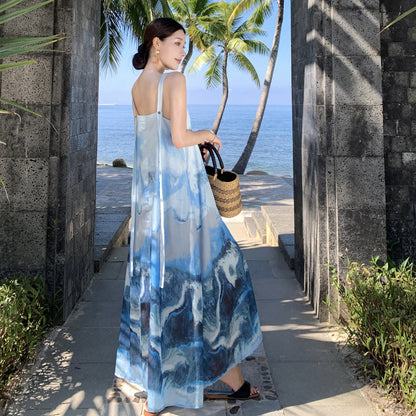 2025 New Chinese retro ink painting smudge suspender dress women's summer Chinese style temperament seaside vacation beach dress
