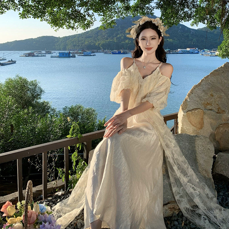 2025 High-end heavy industry butterfly embroidery off-the-shoulder suspender dress for women's summer super fairy Sanya seaside photo long skirt