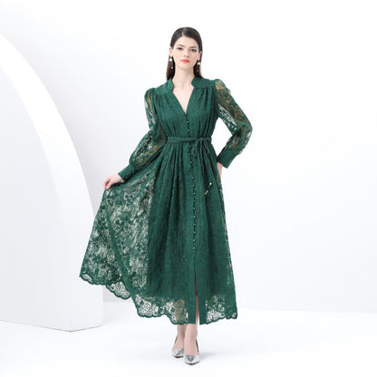 retro court dress heavy industry embroidery waist thin long lace dress women's New Popular trade dress