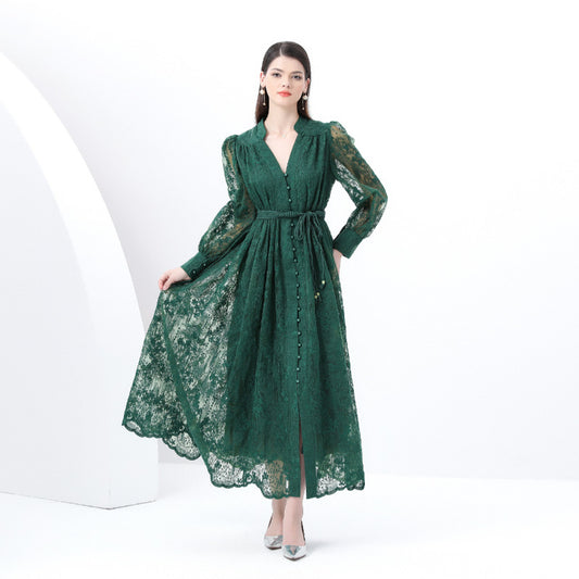 retro court dress heavy industry embroidery waist thin long lace dress women's New Popular trade dress