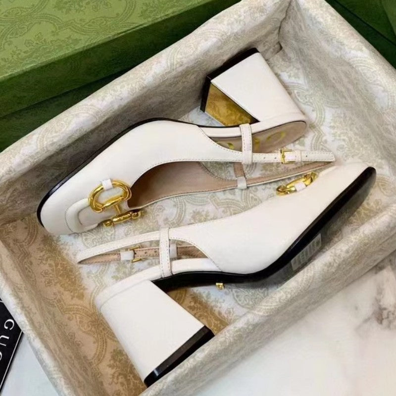 flowersverse  Pure Original G High Heels Horsebit Buckle Genuine Leather Retro Slip-on Square Toe Chunky Heel Closed Toe Strap Slingback Sandals Women