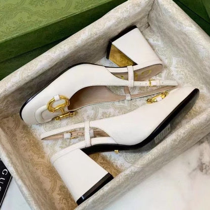 flowersverse  Pure Original G High Heels Horsebit Buckle Genuine Leather Retro Slip-on Square Toe Chunky Heel Closed Toe Strap Slingback Sandals Women