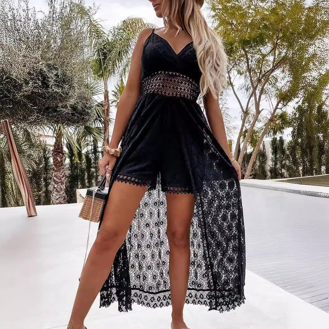 FLOWERSVERSE  Cross-Border European and American Sexy Sling Stitching Casual Jumpsuit Ins Home Vacation Hollow Jumpsuit for Women