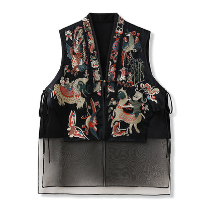 New Chinese style national style high-grade mulberry silk heavy industry buckle embroidery splicing mesh yarn retro vest women M6063