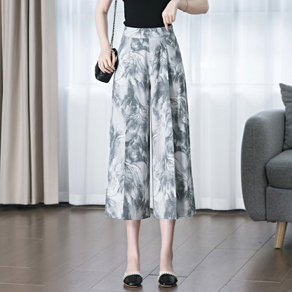 flowersverse Printed Wide-Leg Pants for Women  Summer New Fashionable Stylish High Waist Stitching Linen-Containing Middle-Aged Mom Straight-Leg Pants Fashion