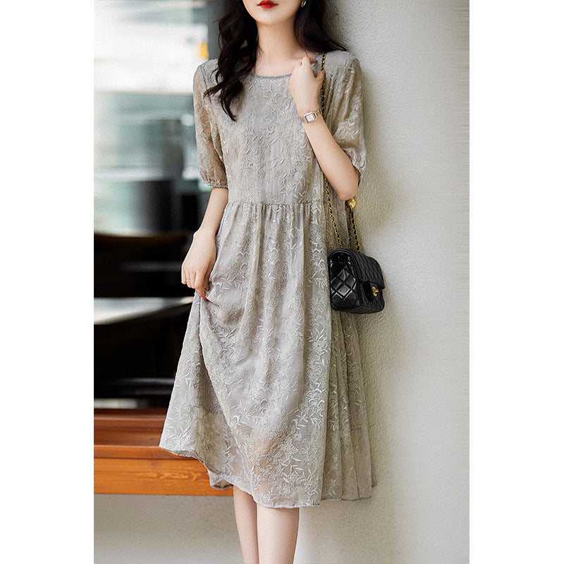 2025 Soft silk embroidered heavy mulberry silk dress high-end lace  women's new summer long skirt