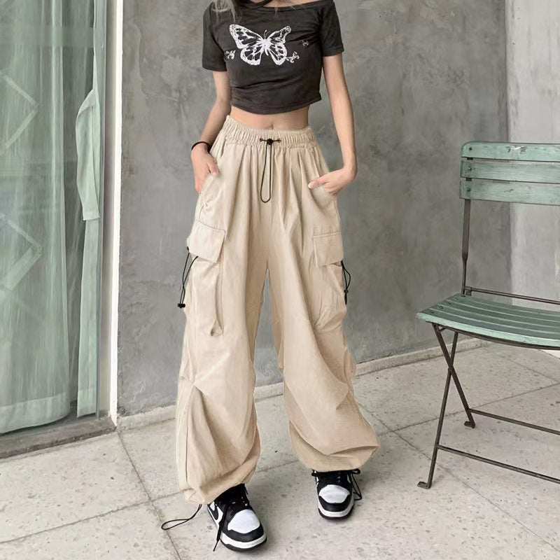 FLOWERSVERSE  American Retro Workwear Casual Pants Women's Summer All-Matching Straight Draping Ankle-Tied Pants Loose Wide Leg Pants Ins