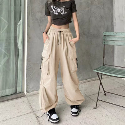FLOWERSVERSE  American Retro Workwear Casual Pants Women's Summer All-Matching Straight Draping Ankle-Tied Pants Loose Wide Leg Pants Ins