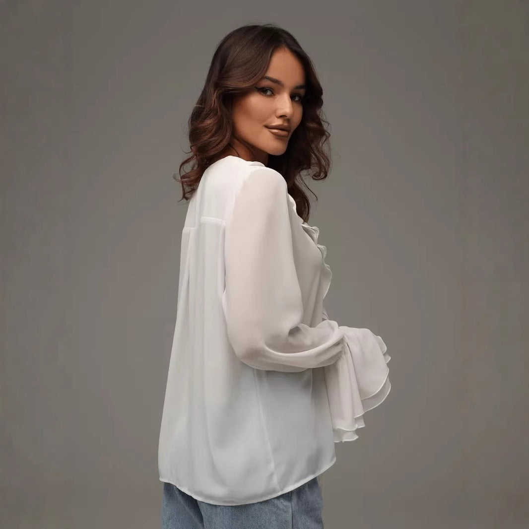 FLOWERSVERSE Spring 2025 style New women's clothing new fashion ruffle edge horn sleeve V-neck lace-up versatile shirt shirt women