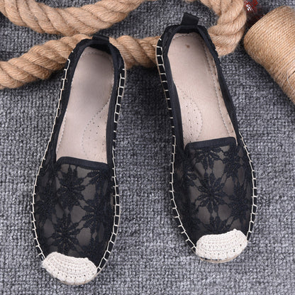 flowersverseSummer Women's Shoes Thin Pumps Linen Fisherman Shoes Women's Slip-on Lace Hollow-out Old Beijing Soft Bottom Cloth Shoes