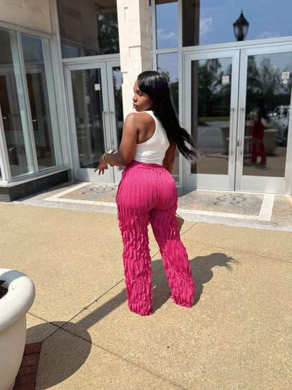 FLOWERSVERSE  Y1260  European and American Women's Clothing Cross-Border Supply Mesh Wave Pattern Ruffled Loose High Waist Wide Leg Trousers