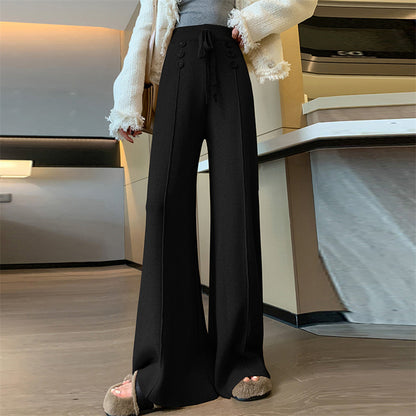 flowersverse Women's Wide-Leg Pants High Waist Drooping Straight Loose Casual Mopping Pants Autumn and Winter New Button Design Knitted Trousers