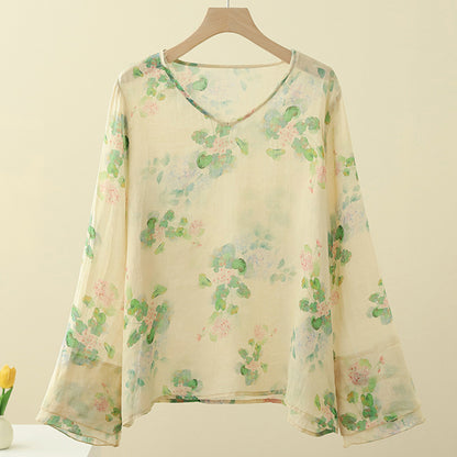 Cotton and linen printed V-neck burr top women's short literary Zen shirt summer tea clothing temperament cold wind shirt women