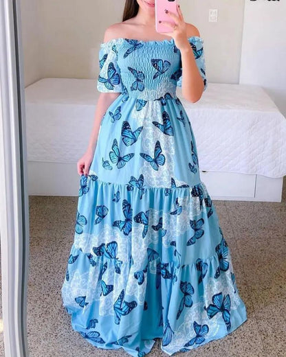 FLOWERSVERSE 20252025  new high-waisted temperament commuter chest-wrapped printing loose blue butterfly printing big pendulum dress