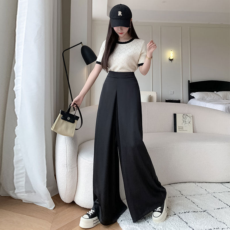 flowersverse High-Grade Acetate Silky Satin Casual Pants Women's Drooping Wide-Leg Pants Skirt  Summer New Solid Color High Waist Trousers