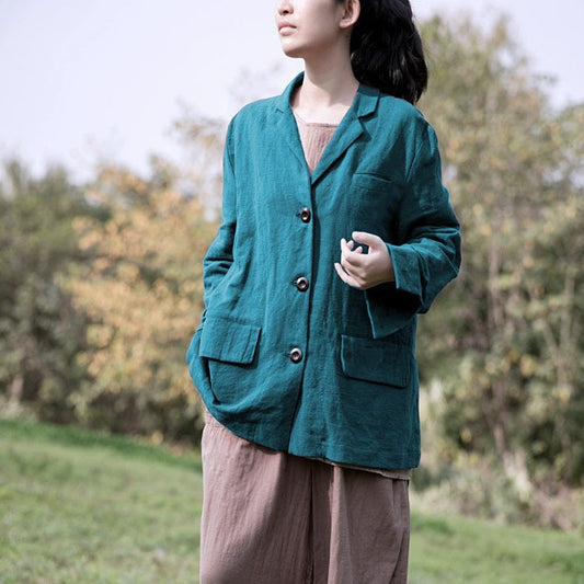 spring and autumn retro literary and artistic solid color linen lapel cotton and linen loose casual suit short jacket