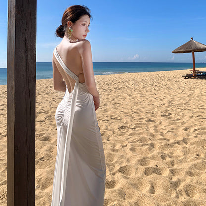 2025 Ancient Greek Muse neck streamer dress white pendant pleated pro wedding dress photo dress vacation beach dress