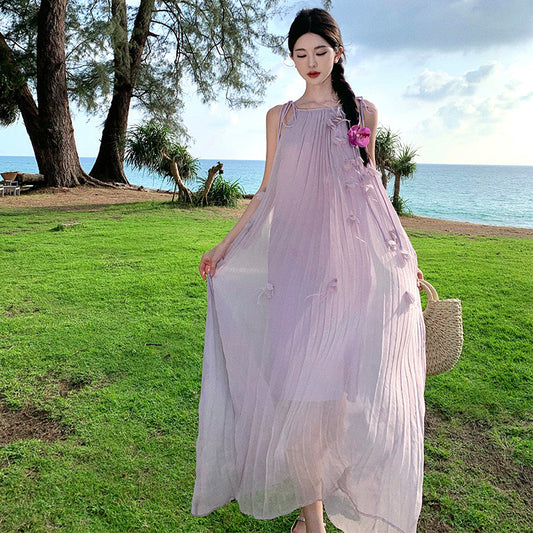 2025 Pure desire flower purple suspender dress seaside vacation long dress summer beach skirt temperament sleeveless fairy skirt