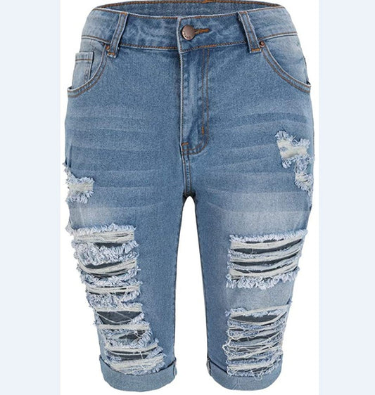 8853 # Popular trade high waist ripped elastic jeans women's medium pants
