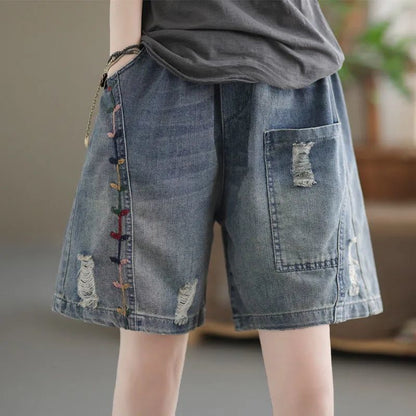 flowersverse Denim Shorts Women's Summer  New Pants Women's Casual Loose Hole Embroidery Stitching Thin Wide-Leg Pants