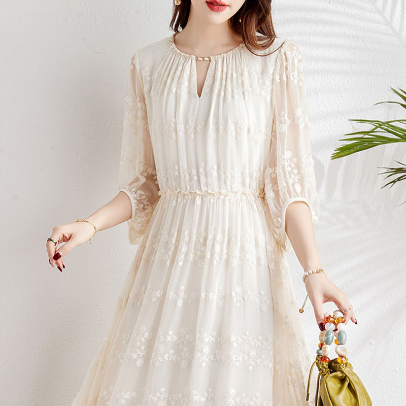 2025 Silk embroidery daughter wind skirt mulberry silk dress  white medium and long large size women's clothing summer