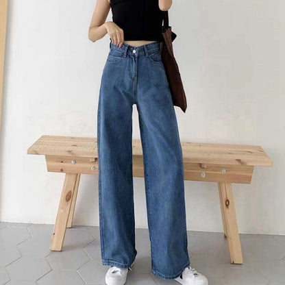 flowersverse Women's Wide-Leg Jeans Loose  Autumn and Winter New Hong Kong Style Retro High Waist Drooping Chic Straight Mopping Pants