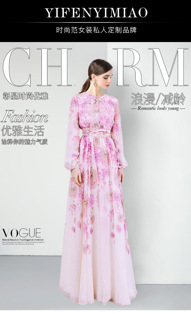 retro dress pink printed long dress and ankle long sleeve temperament skirt hollow design new