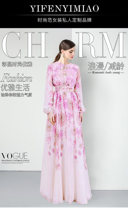 retro dress pink printed long dress and ankle long sleeve temperament skirt hollow design new