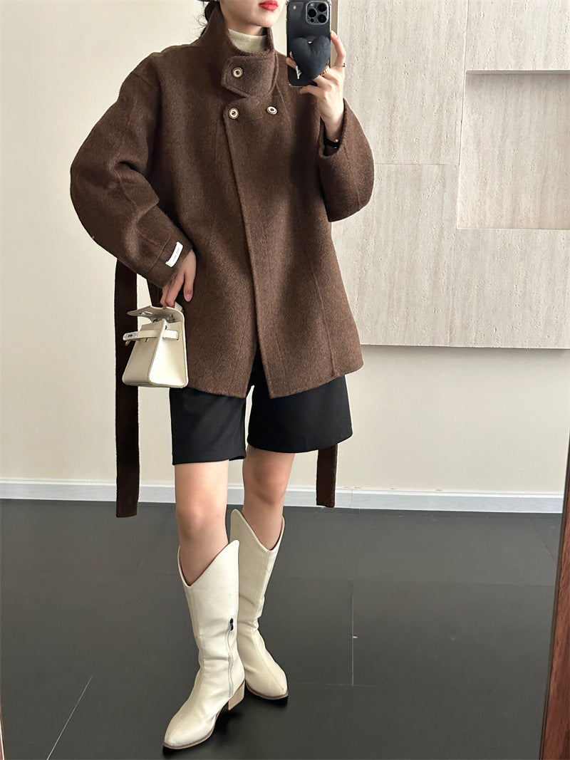 2025 Stand-up collar lace-up shoulder sleeves solid color wool double-sided cashmere coat woolen jacket versatile autumn and winter casual versatile