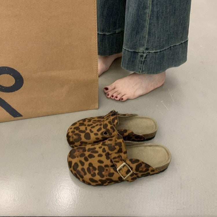 2025  platform-soled retro baotou half-slippers women's outerwear lazy one-pedal cork-soled leopard print Mary Jane Birkenstocks