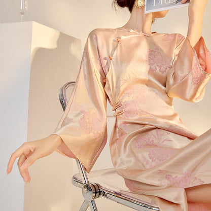 New Chinese style printing design sense split silk cheongsam dress popular new slim dress M6101